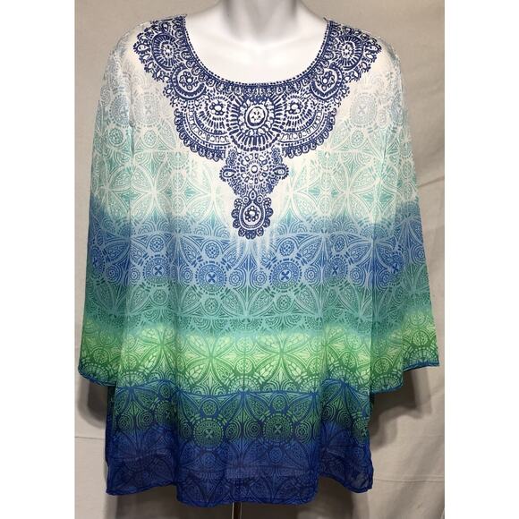 Alfred Dunner Top 18 Green Blue Ombré tie dye 3/4 sleeve flowy boho hippie - Picture 1 of 6